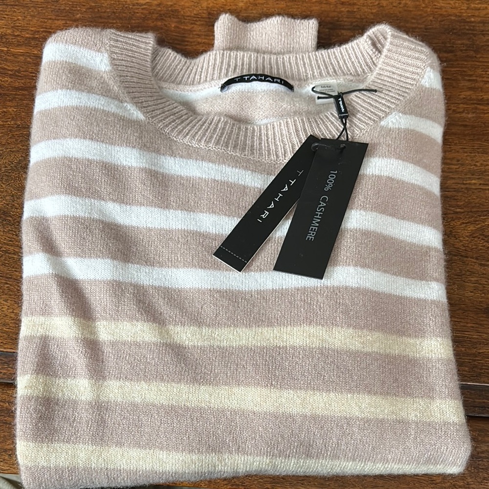 Tahari Pink, Beige and White Striped Cashmere Sweater
